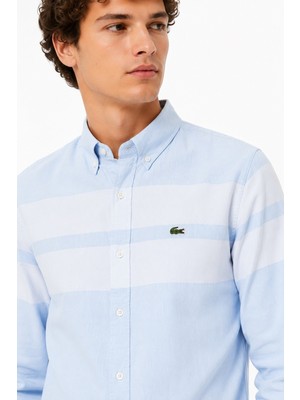 Lacoste Men's Slim Fit Blue Shirt Slim Fit Pamuklu Renk Bloklu Erkek Gömlek Mavi