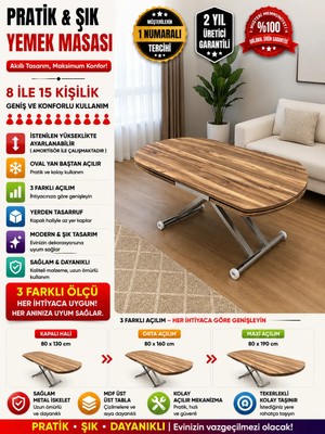 Yan Baştan Açılır Oval Akıllı Yemek Masası Mdf Tabla Alt Mekanizma Metal Krom Kaplama
