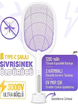 Cem Cosmetics Şarjlı Uv Işıklı Elektrikli Sivrisinek Öldürücü Raket Sinek Öldürücü Sineksavar Standlı