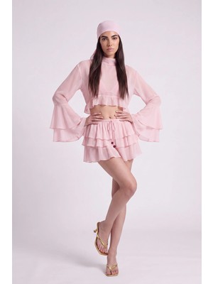 Holly Lolly Fırfırlı Bluzlu Şal Detaylı Etekli Şifon Jane Takım Pembe