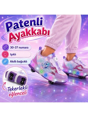 Black Flex Patenli Işıklı Akıllı Bağcıklı Çocuk Sneaker Ayakkabı Lila Beyaz 30-37