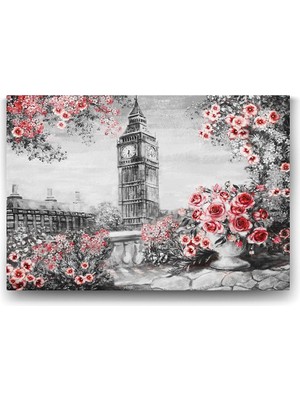 Kulesi ve Kırmızı Çiçekler Tablosu - 60X40CM