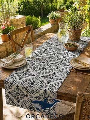 Orcadeco -Siyah Gri Geometrik Desenli Masa Runner |modern Dekoratif Runner-Leke Tutmaz Şık