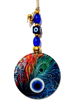 Füzyon Cam Tavus Kuşu Tüyü Desenli 12X12 cm Nazar Boncuklu 12X30 cm El Yapımı Duvar Süsü Naz