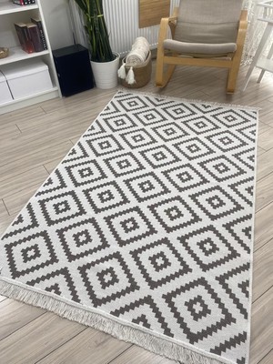 Kilim Çift Taraflı Dokuma Kilim Makinede Yıkanabilir Modern Desen Bej-Beyaz Kilim (120 * 180CM)