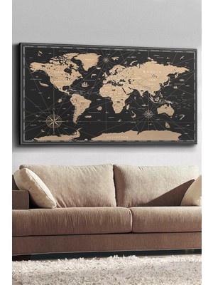 Vintage Dünya Haritası Kanvas-Canvas Tablo, 65 x 45