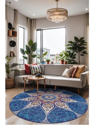 Desenli Şönil Pamuk Tabanlı Yıkanabilir Kaymaz Antibakteriyel Yuvarlak Salon Halısı 160X160