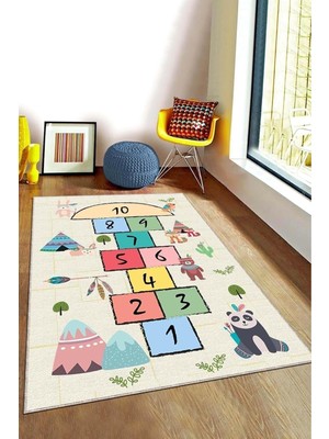 Viva Home Makinede Yıkanan Kaymaz Taban Seksekli Çocuk Halısı AR757, Kemik, 80 x 150
