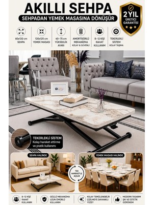 Sehpam Akıllı Home Üst Tabla Mdf Beyaz Mermer Oval Köşe Alt Ayak Siyah