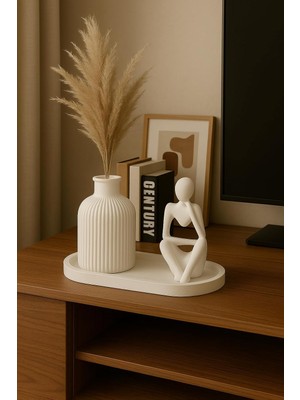 El Yapımı 3 Parça Dekoratif Set – Modern Insan Figürü Heykel ve Çizgili Vazo – Minimalist