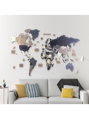 Ahşap Dünya Haritası Duvar Tablosu Dekor (Plus, Medium - 150X80 Cm, Ahşap) MF511