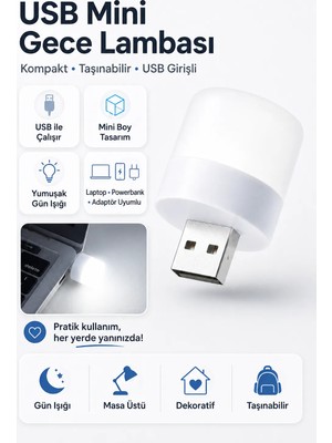 Neo Vista Mini USB LED Beyaz Gece Lambası - Powerbank ve Laptop Uyumlu Ortam Işığı