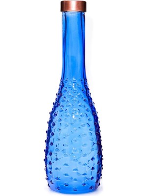 Bakır Boyunlu Saks Mavisi Kabartmalı Ince Cam Vazo (26 Cm)