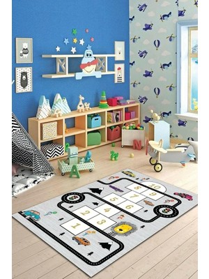 Viva Home Makinede Yıkanabilir Kaymaz Tabanlı Çocuk Halısı AR154, Gri, 120 x 180