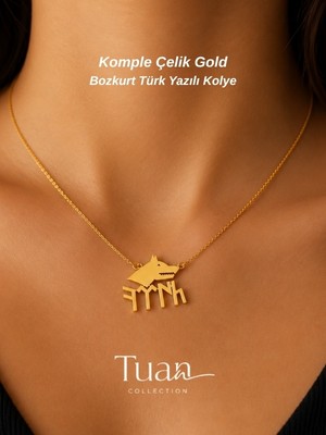 Tuan Collection Komple Çelik Türk Yazılı Bozkurt Simgeli Kolye Çelik Sembol Gold Kolye Komple Çelik