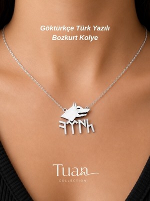 Tuan Collection Türk Yazılı Bozkurt Simgeli Kolye Çelik Sembol Lak Kaplama Zincir Gold Kolye