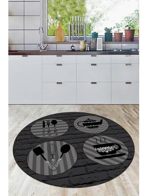 Viva Home Makinede Yıkanabilen Kaymaz Taban Yuvarlak Mutfak Halısı AR903, Siyah-Daire, 120 x 120