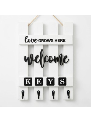 Ahşap Anahtar Askılığı, Beyaz, Duvar Montajlı, Farmhouse Tarzı, 'love Grows Here Welcome' Yaz