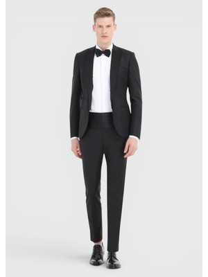 Ramsey Siyah Düz Fashion Slim Fit Kruvaze Yaka Dokuma Smokin Takım Elbise
