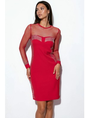 Hiccup Kadınlar Msn Taş Detaylı Payetli Bodycon Mini Elbise Kırmızı