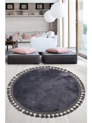 Bonny Home Relax Antrasit Yuvarlak Çocuk Odası Halısı, 120X120 Cm, Ponpon Saçaklı, Peluş