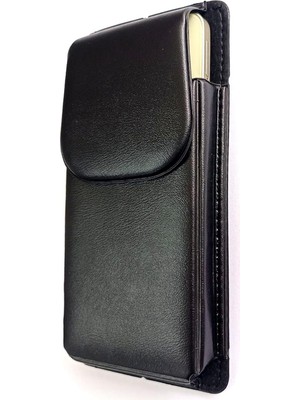 Kemere Takılan Lüks Suni Deri Telefon Kılıfı, Mıknatıslı, 17X8 Cm, Siyah