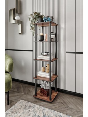 5 Katlı Dekoratif Ahşap Köşe Raf Ünitesi | Modern Salon, Oturma Odası, Çalışma Odası Düze