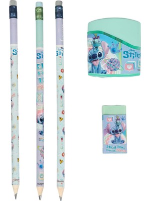Stitch Lisanslı 3 Adet Silgili Kurşun Kalem, Silgi ve Çift Bıçaklı Kalemtraş Kırtasiye Seti,