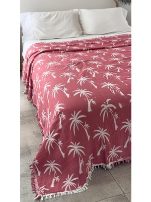 Palmiye Desen 4 Katlı Müslin Pike Yatak Örtüsü Battal Boy 240X260 cm Kırmızı