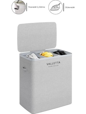 Valletta Paloma 120L Üç Yıkanabilir Bölmeli Katlanabilir Kumaş Kirli Çamaşır Sepeti Light gr
