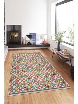 Pelangi Çok Renkli Geometrik Desen Yıkanabilir Kaymaz Taban Leke Tutmaz Modern Salon Halısı ve Y
