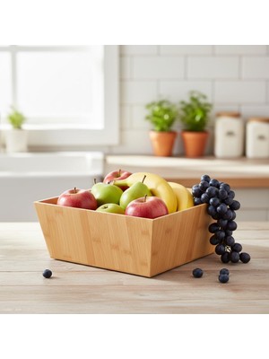 Doğal Bambu Çok Amaçlı Saklama Kutusu - 28X28X12 cm Banyo, Mutfak ve Dolap Içi Organizer Düze