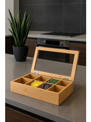 8 Bölmeli Bambu Poşet Çay Kutusu Bambu Organizer Kutu Takı Aksesuar Kutusu 30X20X7CM