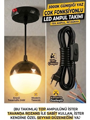 Novo 24W GÜNIŞIĞI-3000K Çok Fonksiyonlu LED Top Ampul Takımı ,hem Tavan Askılı Hem Seyyar Fişli Kablolu Set,fişli Taşınabilir Gece Lambası