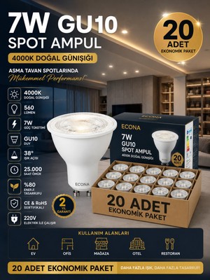 Novo 20 Adet 7W GU10 LED Spot Ampul 4000K Doğal Günışığı 220V Enerji Tasarruflu Tavan Spot Ampul Paketi