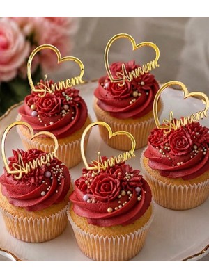 Ege Concept Life Kalp Annem Yazılı Cup Cake Boy Pleksi Pasta Süsü Gold - 5x5 cm