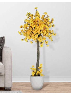 Nettenevime Yapay Ağaç Sarı Bahar Dalı Japon Kiraz Çiçeği Beyaz Saksılı 90CM