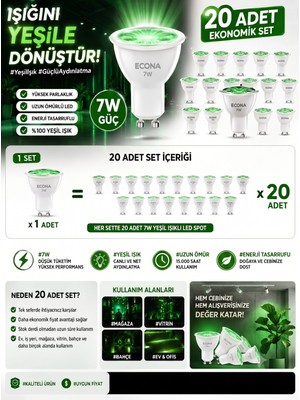 Novo 20 Adet Yeşil Işıklı 7W LED Spot Ampul Ekonomik Set ,bahçe, Mağaza ve Vitrin Aydınlatma Çim Armatür Uyumlu Güçlü Tasarruflu LED Ampul