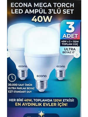 Novo (3 Adet) 40W Torch LED Ampul E27 Duy Beyaz Işık Yüksek Lümen Tasarruflu Güçlü Aydınlatma