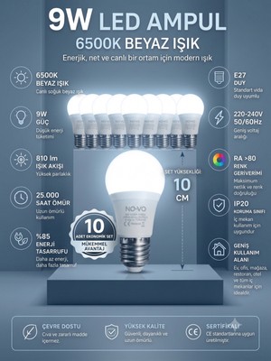 Novo 10 Adet 9W LED Ampul E27 Duy Beyaz Işık 6500K ,810 Lümen Enerji Tasarruflu Uzun Ömürlü LED Lamba Seti