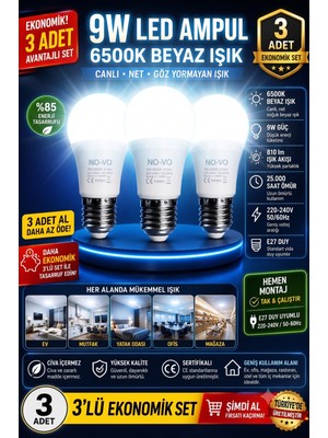 Novo 3 Adet 9W LED Ampul E27 Duy Beyaz Işık 6500K 810 Lümen Enerji Tasarruflu Uzun Ömürlü LED Lamba Seti