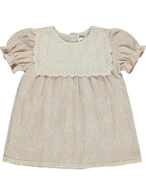 Civil Baby Kare Yaka Brodeli 6-18 Ay Elbise - Bej