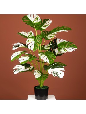 Nettenevime Yapay Ağaç Salon Bitkisi Beyaz Monstera 70 cm 18 Yaprak Antrasit Saksıda Deve Tabanı