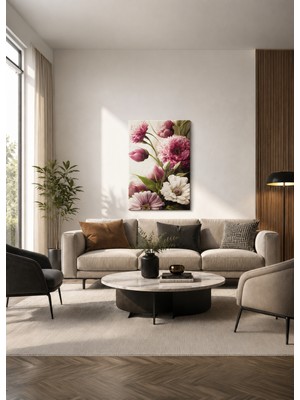 Zera Wall Mdf Tablo Pembe ve Beyaz Çiçek Buketi – Modern Botanik Temalı Salon, Yatak Odası ve Ofis Duvar Dekorasyonu