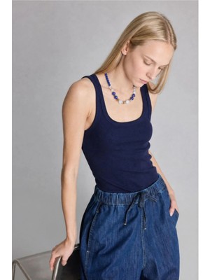 DeFacto Slim Fit Basic Yuvarlak Yaka Pamuklu Fitilli Lacivert Atlet E5539AX26AU
