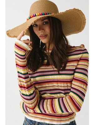 C&city Boncuk Taş Detaylı Geniş Hasır Şapka Y8222 Camel