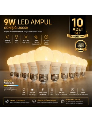 Novo 10 Adet 9W LED Ampul E27 Duy 3000K Günışığı Sarı Işık 810 Lümen Enerji Tasarruflu Uzun Ömürlü LED Lamba Seti