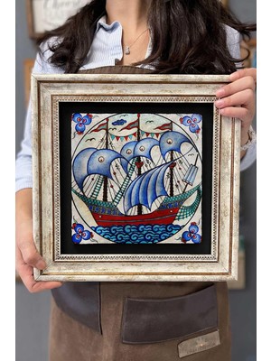 Oscar Stone Decor Çerçeveli Tablo Taş Duvar Dekoru 30 x 30 cm Çini Seramik Gemi Figürlü Tablo