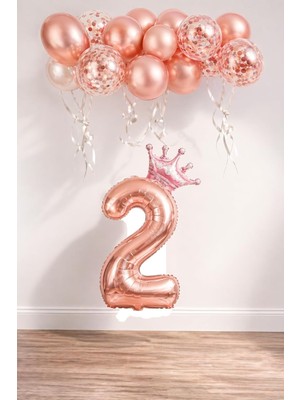 2 Rakam Rose Gold Folyo Balon, Kral Tacı ve Konfetili Rose Gold Balon