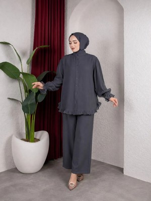 Sfg Life Moda Kadın Çilek Kumaş Dik Yaka Düğmeli Fırfır Detaylı Tesettür Tunik Pantolon Ikili Takım